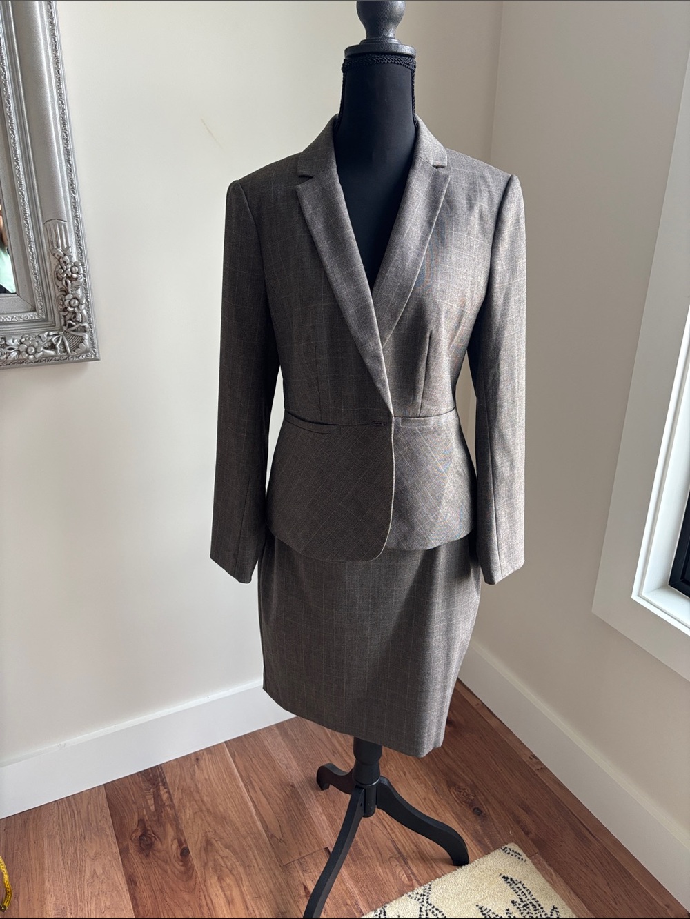 Ann Taylor Gray Plaid Two-Piece Blazer and Skirt Set